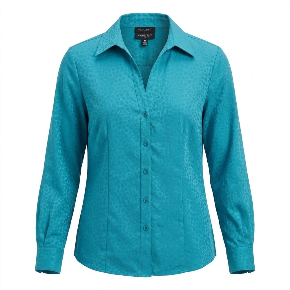 Foxcroft Ted Fit Teal Wrinkle Free Textured Button Up Blouse Women Size 10